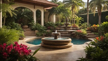 Amidst a vibrant tropical oasis, an expansive water feature with playful cascading fountains is an ideal choice for garden landscape design concepts.