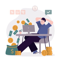 Businessman or freelancer relax and looking how money falling in money bag from computer. working remotely at computer. Concept of remote work and freelance. Home office.