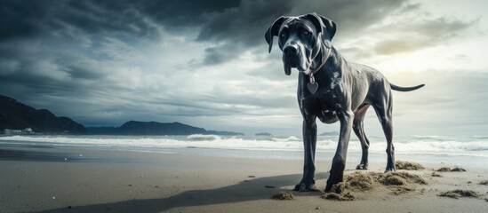 An energetic German Great Dane obeys commands on the beach after a storm harmoniously communicating with its owner - obrazy, fototapety, plakaty