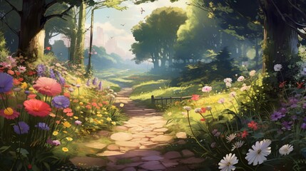 A sunlit garden path surrounded by blooming flowers and buzzing bees, inviting a leisurely stroll.