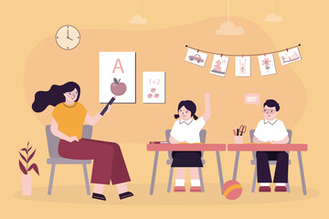 Little kids boy and girl study with teacher. Class room interior. Education process, kindergarten students learn alphabet with tutor.  Nursery school babycare center.