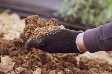 A man holds soil in his hands and pours it.
