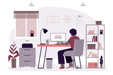 Businesswoman back view. Freelancer working at computer. Female character sits at desktop and works, workflow. Remote work and freelance. Workplace interior design
