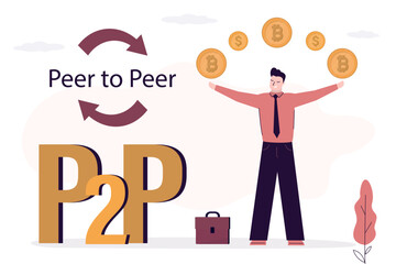 P2P, Peer to Peer online platform for exchanging cryptocurrency. Online financial technology concept. Businessman juggling bitcoins and dollar coins. Change crypto currency.