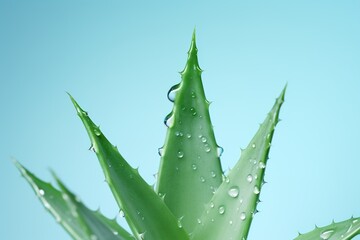 aloe vera on a light blue or light green background round drops top view super-realism realistic