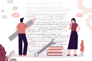 Programmer tester, teamwork of smart characters. Software developers finding program bugs and mistakes. Testing, coding, programming concept.