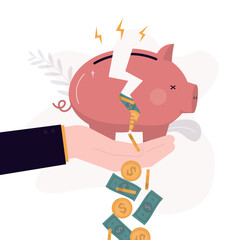 Broken piggy bank depict bankruptcy or other loss in business. Hand holds broken piggy bank isolated on white background. World financial crisis, bankruptcy.