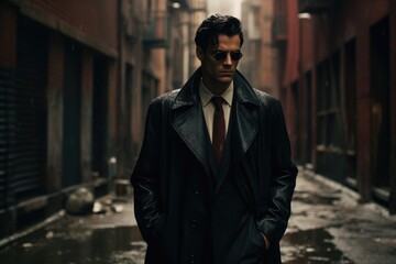 Intriguing spy with trench coat and dark glasses in rain-soaked alley. - obrazy, fototapety, plakaty