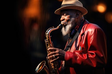 Jazz musician lost in the soulful sound of his saxophone.