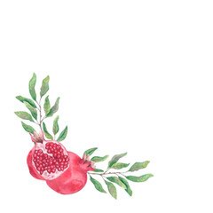 Watercolor pomegranates on a white background. Corner frame with red fruits and green branches. Botanical fruit composition drawn by hand.