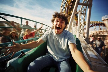 Jubilant young man at a theme park, laughing on a roller coaster ride.