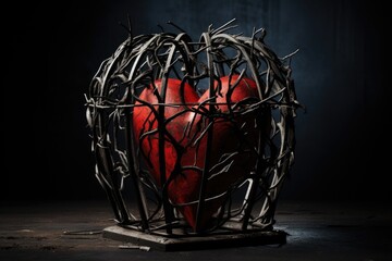Fototapeta na wymiar Iron cage around a heart, symbolizing emotional constriction