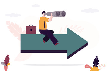 Businessman looks binoculars in direction of arrow. Planning strategy or way to achieve business goals, path of development and achievement of heights, search for motivation,