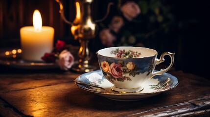 A vintage tea cup and saucer set against an old wooden table, evoking feelings of nostalgia.