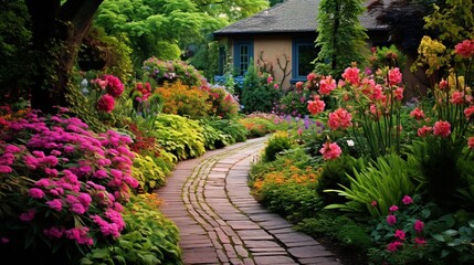 Fototapeta na wymiar A winding garden pathway bordered by vibrant flowering plants, inviting exploration.