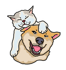 Funny lovely home animals happy playing together. For pet shop or kids room, logo design, party invitation, postcard for friend. Hand drawn illustration. Cartoon style character drawing.