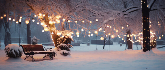 Snow-covered park, Christmas decoration, Christmas night photography, Gnerative ai