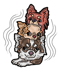 Funny lovely home animals happy playing together. For pet shop or kids room, logo design, party invitation, postcard for friend. Hand drawn illustration. Cartoon style character drawing.