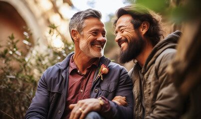 Fototapeta premium Embracing Love: Portrait of a Newly Engaged Gay Couple