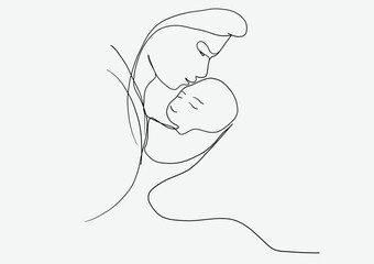 Continuous line drawing of mother with a baby with heart shape symbol.Hand drawn illustration for Happy International Mother's Day card.Vector mother's day concep and minimalism style concept.