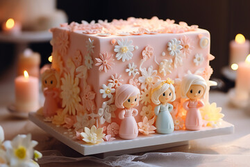 Charming Four-Layer Square Lemon Cake Adorned with Pastel Baby Figures, Perfect for Children's Parties, a Delightful and Beautiful Dessert Centerpiece