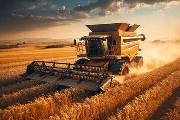 Fototapeta premium A modern Tractor driving over a large golden field.