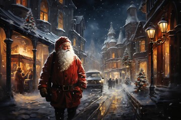 Portrait of Santa, winter, snow covered city street