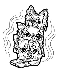 Funny lovely home animals happy playing together. For pet shop or kids room, logo design, party invitation, postcard for friend. Hand drawn illustration. Cartoon style character drawing.