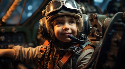 Happy and joyful looking kid dressed as an airplane pilot in the cockpit of an airliner  - obrazy, fototapety, plakaty
