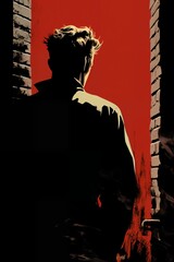 Portrait of a man on a brick wall background, dark night, city street. Noir. Tense mood, anxiety and fear. Illustration poster in style of 1960