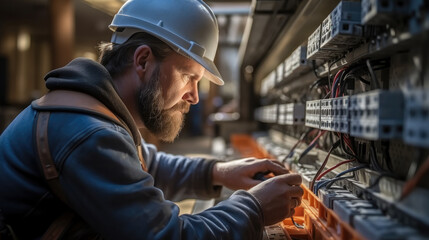 Electrician working on circuit breaker box at construction site. - obrazy, fototapety, plakaty