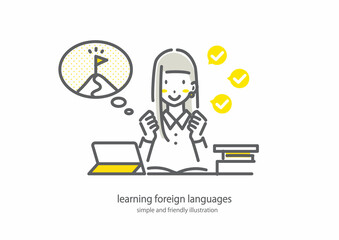 目標を立てて頑張る女性　女性のキャリア　シンプルでお洒落な線画イラスト