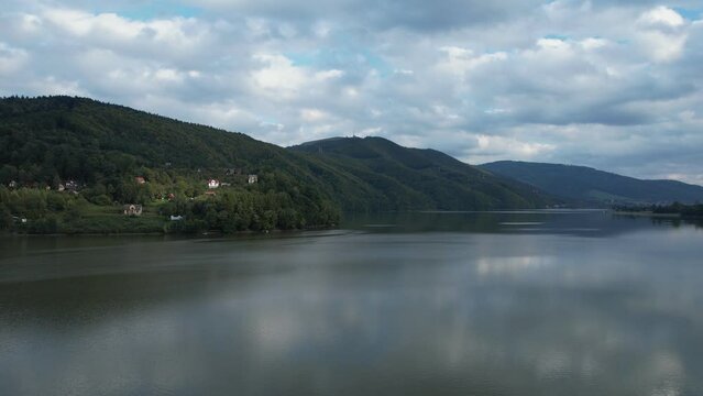 Drone view of the Miedzybrodzkie Lake in Beskidy Mountains and Gora Zar, Poland