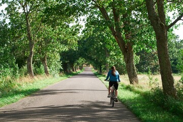 Young Woman Explores the Countryside. Scenic Cycling. Back View of a Carefree Woman on a Bicycle