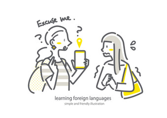 外国人旅行者に道を聞かれて困る女性　シンプルでお洒落な線画イラスト