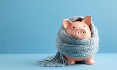 Winter cost of living. Piggy bank wrapped in a knitted scarf to save energy