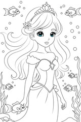 Coloring page underwater chibi princess with colorful fish