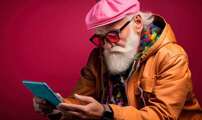 Studio shot of mature man with white beard using digital tablet wearing trendy winter outfit