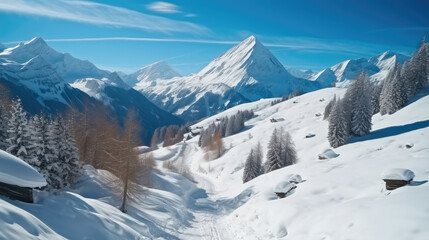 Fototapeta na wymiar Beautiful snowy mountain in the alps with trees on a sunny day.