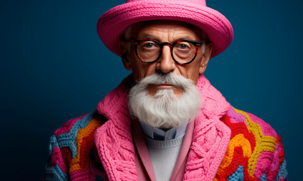 Fashionable mature man with white beard wearing colorful winter outfit with hat and glasses at studio
