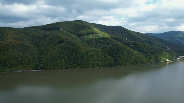 Drone view of the Miedzybrodzkie Lake in Beskidy Mountains and Gora Zar, Poland