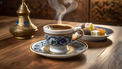 Cup of Turkish coffee, traditional serving with Turkish delight on a wooden table - obrazy, fototapety, plakaty