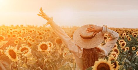 Woman in Sunflower Field: Happy girl in a straw hat posing in a vast field of sunflowers at sunset,...