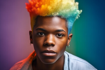 Young man with rainbow hair on rainbow flag background.