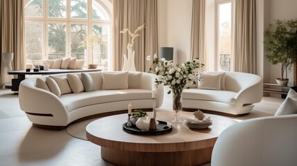 Elegant living room with curved sofa.