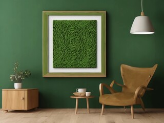 Mockup photo frame green wall mounted on the wooden cabinet