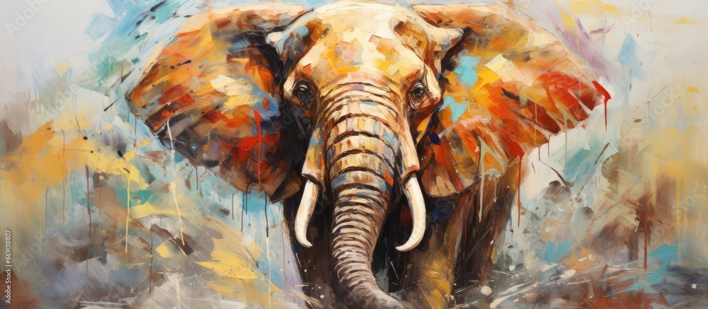 Poster abstract multicolored elephant in original oil painting on canvas with convex strokes