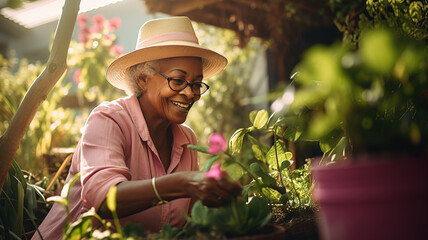 Happy smiling elderly African American senior woman with gardening tool working in garden in backyard. Senior Mature grey haired woman gardening on beautiful spring day - obrazy, fototapety, plakaty