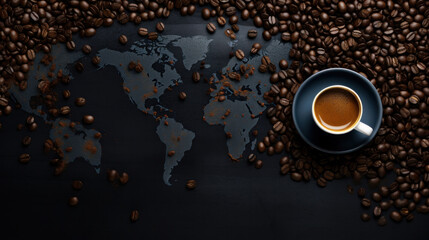 World map made of roasted coffee beans with coffee cup, top view