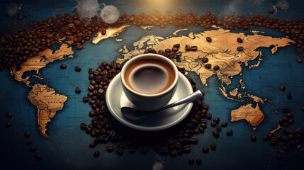 World map made of roasted coffee beans with coffee cup, top view - obrazy, fototapety, plakaty